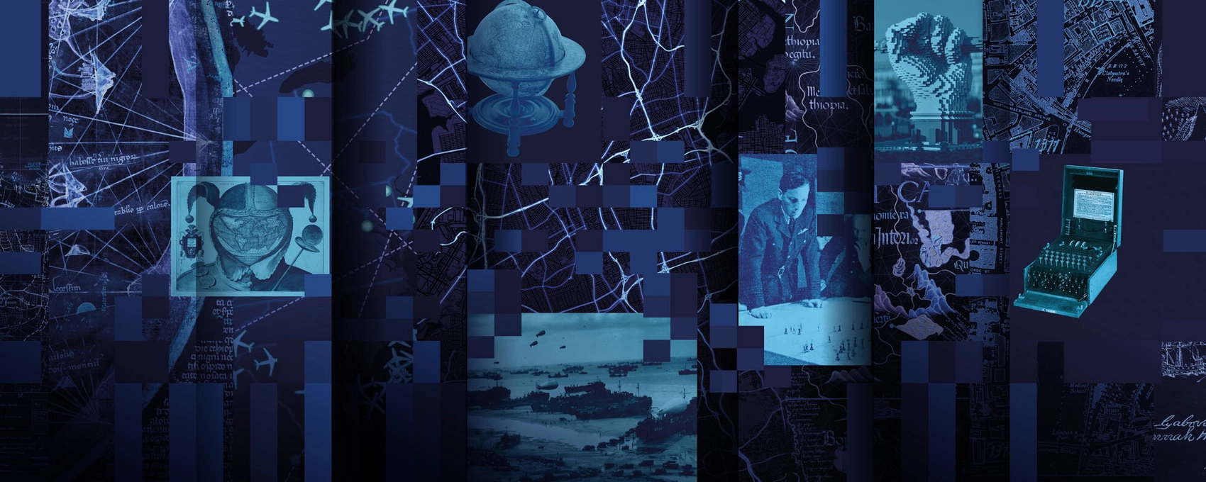 Secret Maps Web Banner with various map images in a blue tone